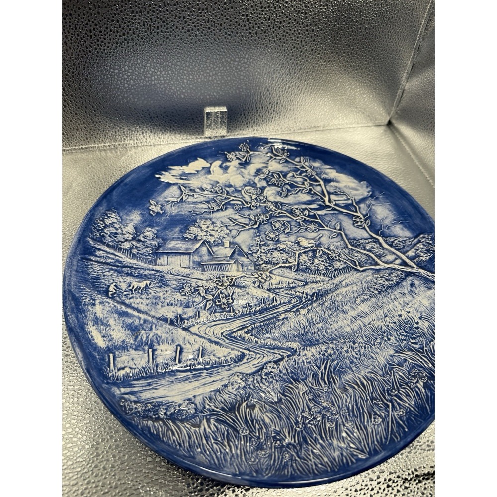 Vtg 1972 Byron Molds 3-D Ceramic 13"  Wall Plate Barn And Farmhouse Spring Scene